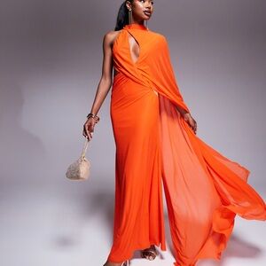 ASOS DESIGN premium cut away drapey sleeve maxi dress in bright red/ orange